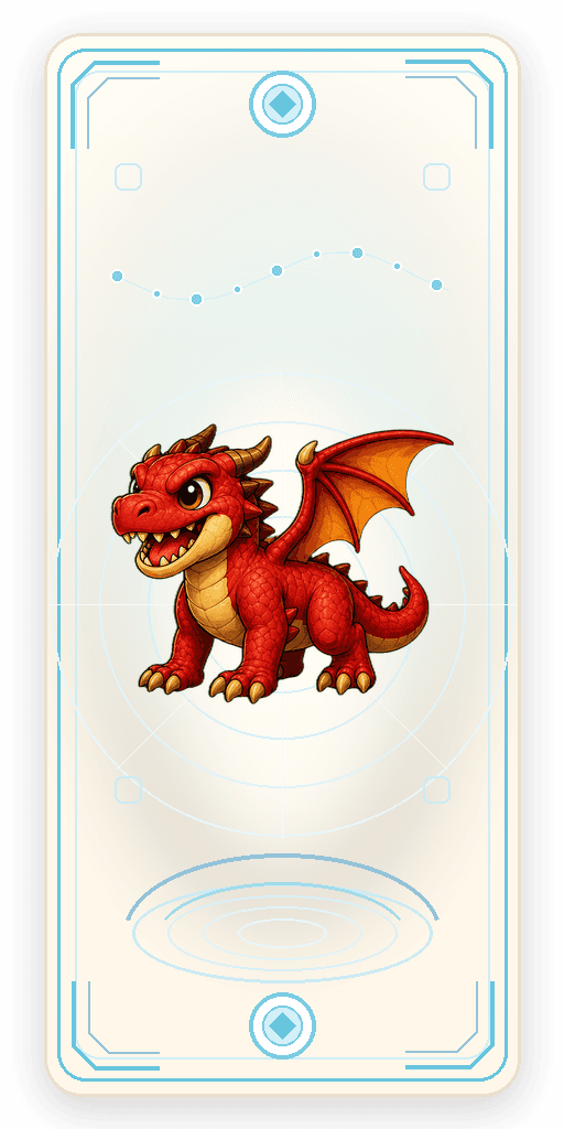 A young fire dragon with spread wings on a collectible card